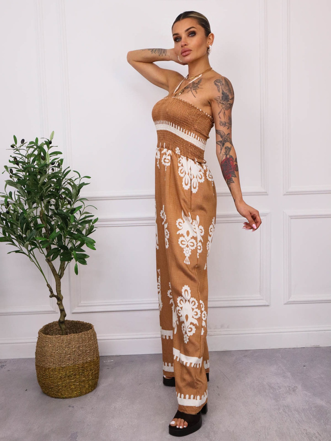 KOMBINEZON WZORZYSTY BEZ RAMIĄCZEK- BRĄZOWY