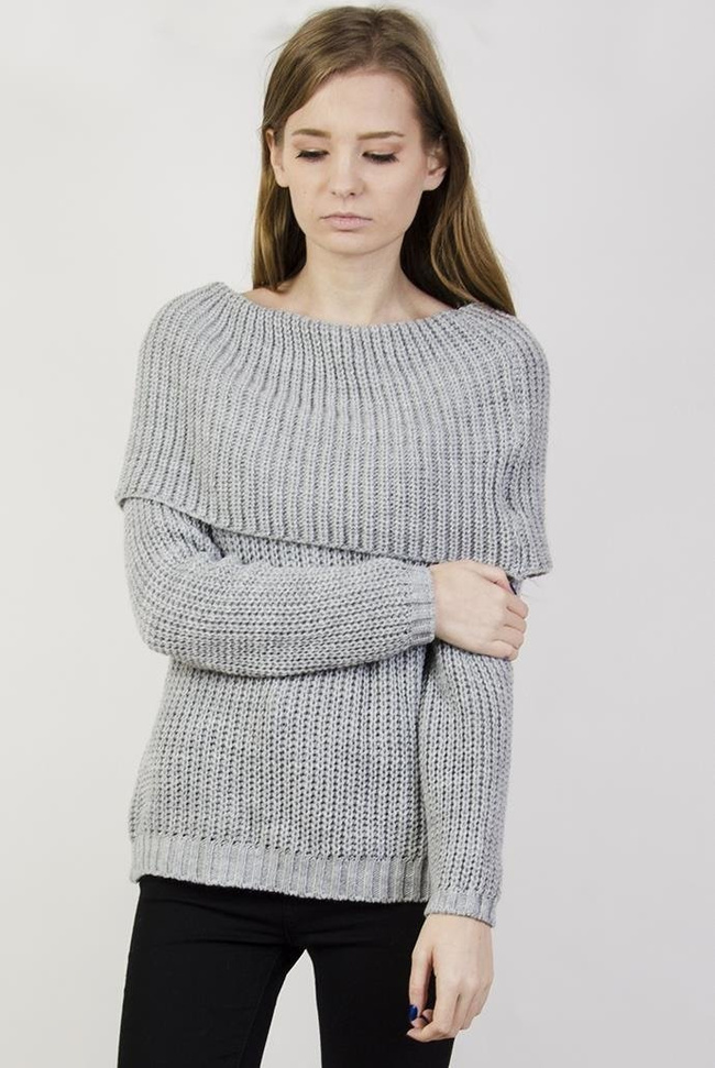 Szary sweter z golfem ściąganym na ramiona
