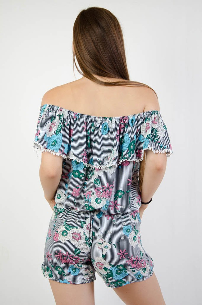 BIAŁY KOMBINEZON W CZARNE PASKI Z KWIATAMI