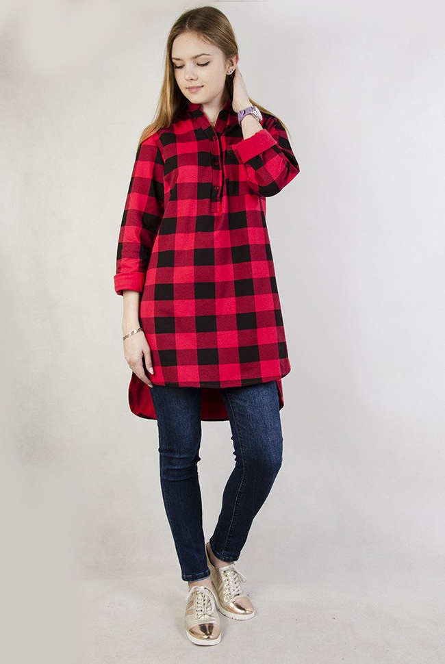 Długa asymetryczna koszula w czerwono-czarną kratę