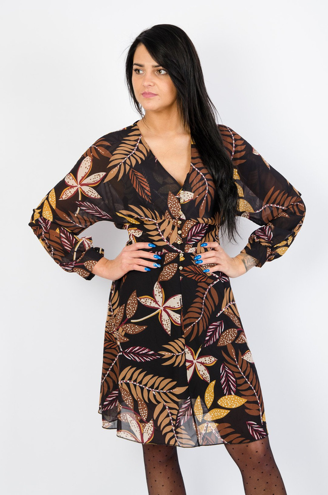 CZARNA SUKIENKA W KWIATY ZE ZŁOTYMI GUZIKAMI