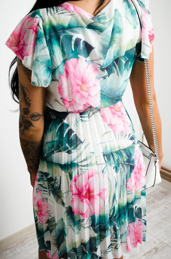 BIAŁA SUKIENKA W ZIELONO-RÓŻOWE KWIATY DEKOLT W ZAKAKŁADKĘ