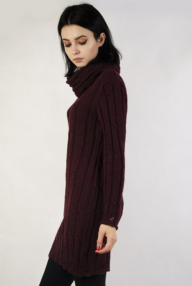 Bordowy sweter przedłużany, z kominem