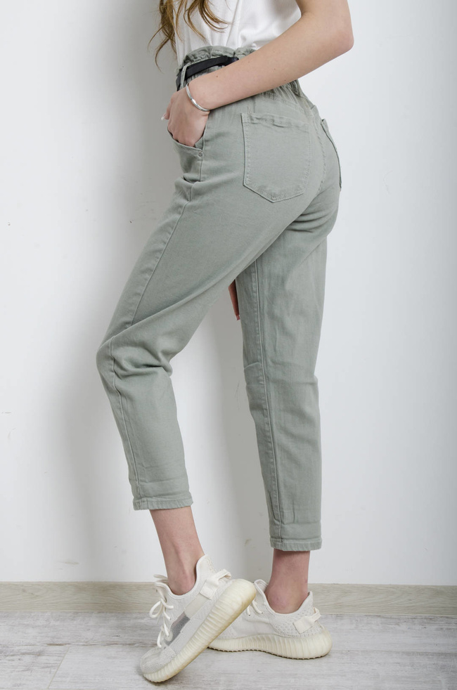 SPODNIE ZIELONE BAGGY FIT MARSZCZONE W PASIE