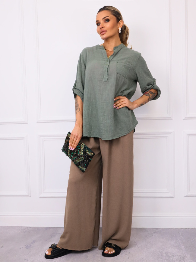 BLUZKA KOSZULOWA ASYMETRYCZNA Z LNEM- ZIELONA