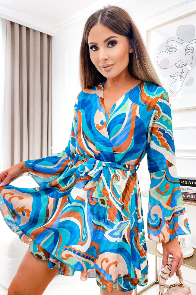 WZORZYSTA SUKIENKA WIĄZANA W PASIE- TURKUSOWA