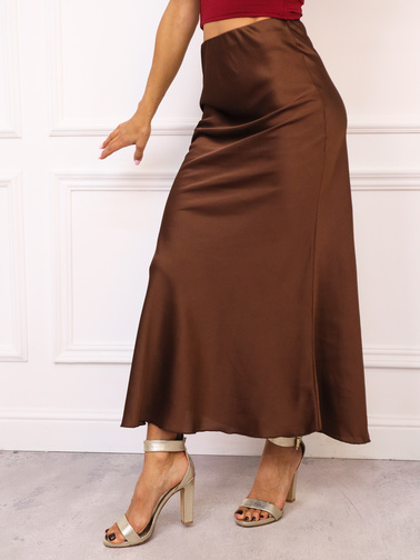 SATYNOWA SPÓDNICA Z GUMKĄ W PASIE - CZEKOLADOWA
