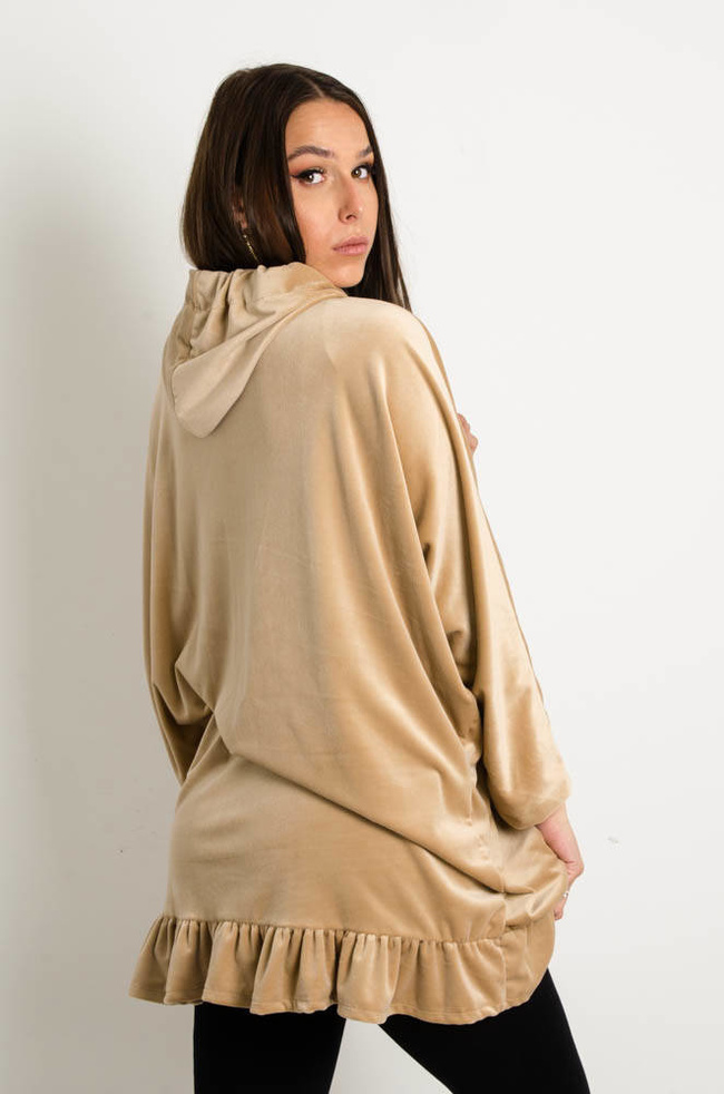 BEŻOWA WELUROWA SUKIENKA Z FALBANĄ 