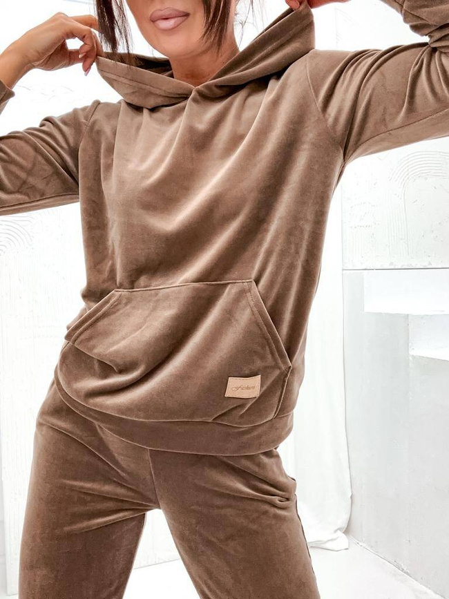 WELUROWY KOMPLET DRESOWY SPODNIE+ BLUZA Z KAPTUREM- BRĄZOWY