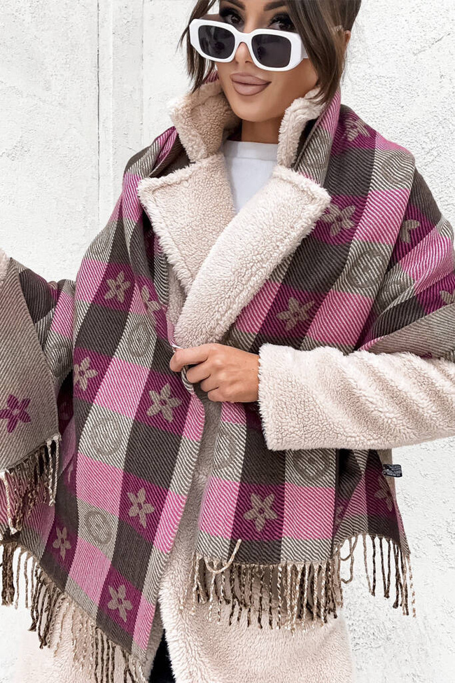 SZAL W KRATE Z MOTYWEM KWIATA Z FRĘDZLAMI- CIEMNY RÓŻ