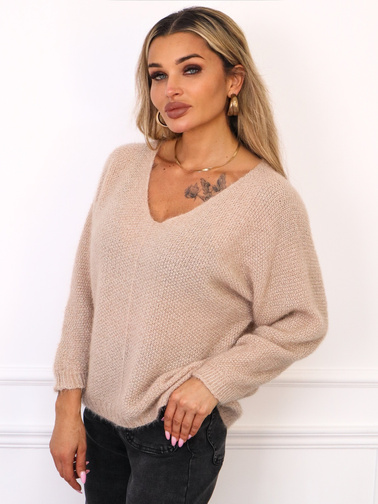 ASYMETRYCZNY SWETER Z DEKOLTEM W SZPIC Z DOMIESZKA WEŁNY I MOHERU- BEŻOWY