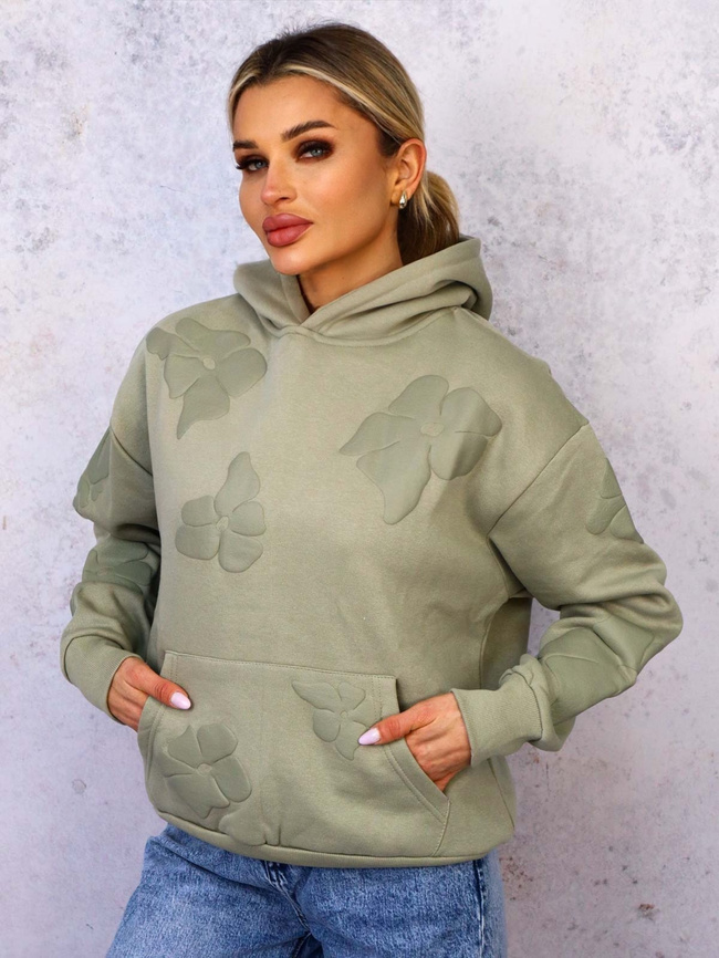 BLUZA OVERSIZE Z KWIATAMI I NAPISEM- ZIELONA