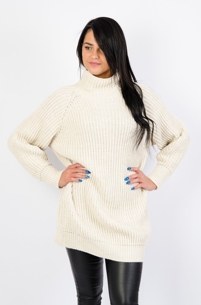 BEŻOWY DŁUGI SWETER Z PÓŁGOLFEM