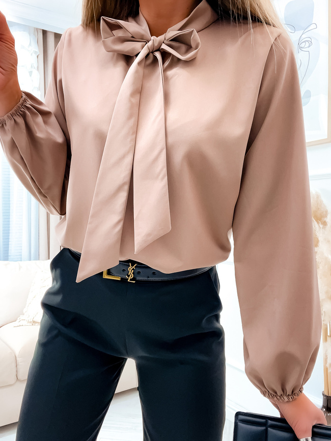 BEŻOWA ELEGANCKA BLUZKA Z WIĄZANIEM