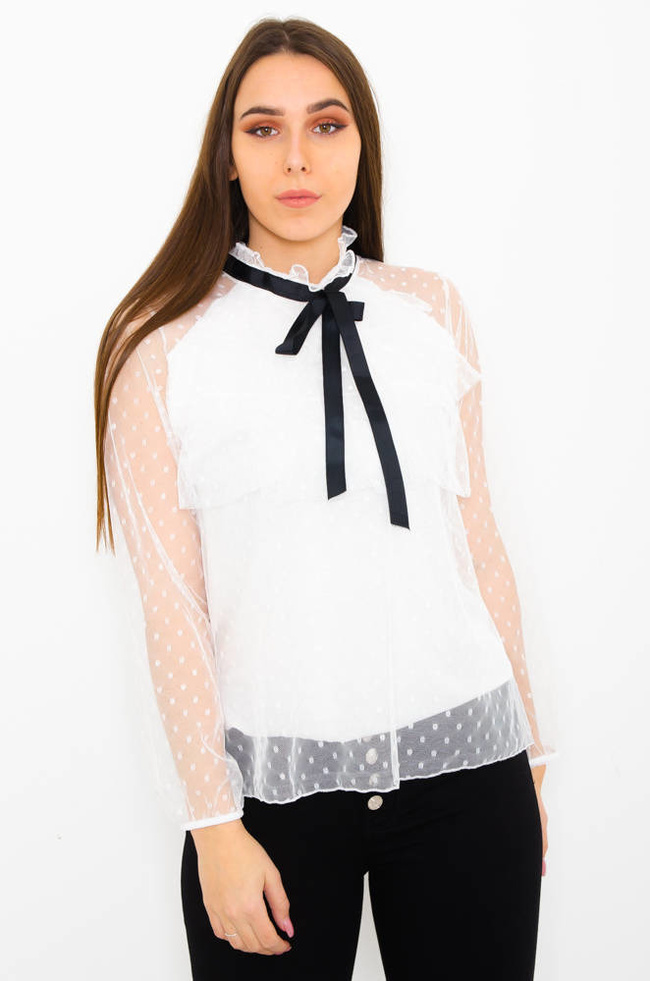 BIAŁA TIULOWA BLUZKA W KROPKI Z WIĄZANIEM 