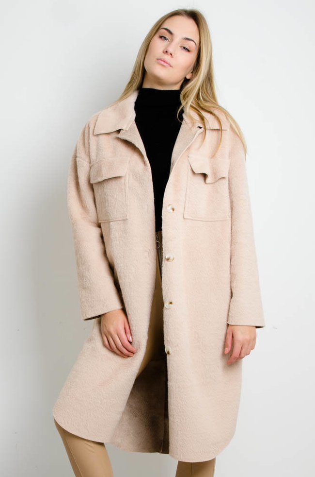 BEŻOWY PŁASZCZ ALPAKA Z KIESZONKAMI