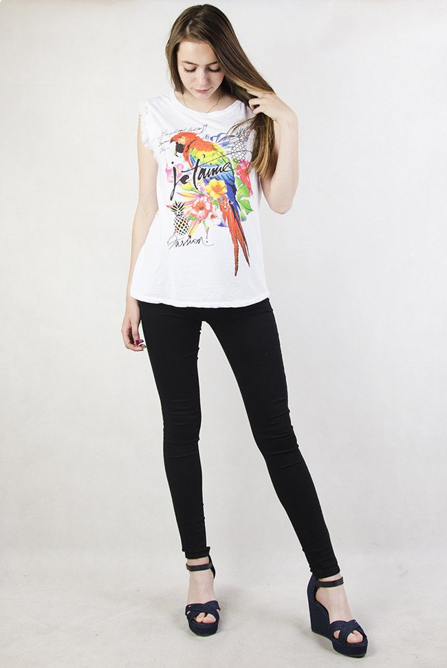 Biała bluzka bez rękawów z kolorowym nadrukiem