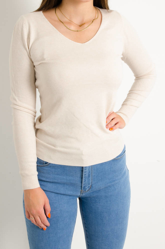 SWETER Z DEKOLTEM W SZPIC- BEŻOWY