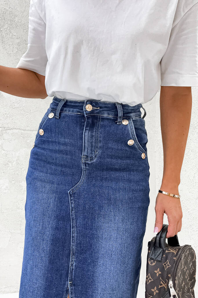 SPÓDNICA JEANSOWA PUSH UP Z ROZCIĘCIEM I ZŁOTYMI GUZIKAMI