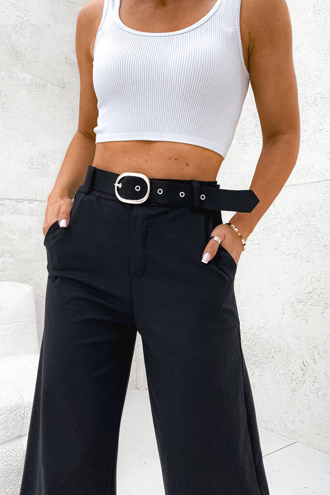 SPODNIE BAWEŁNIANE ONESIZE Z SZEROKĄ NOGAWKĄ I PASKIEM- CZARNE