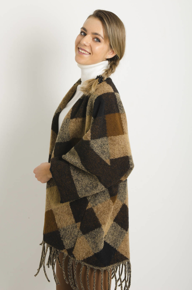 BRĄZOWA NARZUTA W KRATĘ Z FRĘDZLAMI- PONCZO 