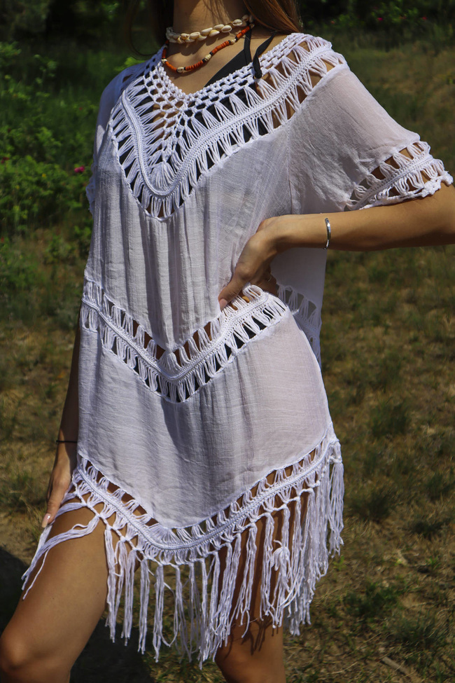 TUNIKA AŻUROWA Z FRĘDZLAMI - BIAŁA