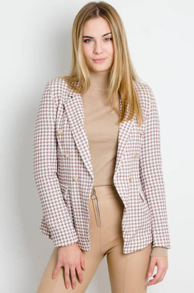 BIAŁO- BEŻOWA MARYNARKA W PEPITKĘ ZAPINANA NA ZŁOTE GUZIKI
