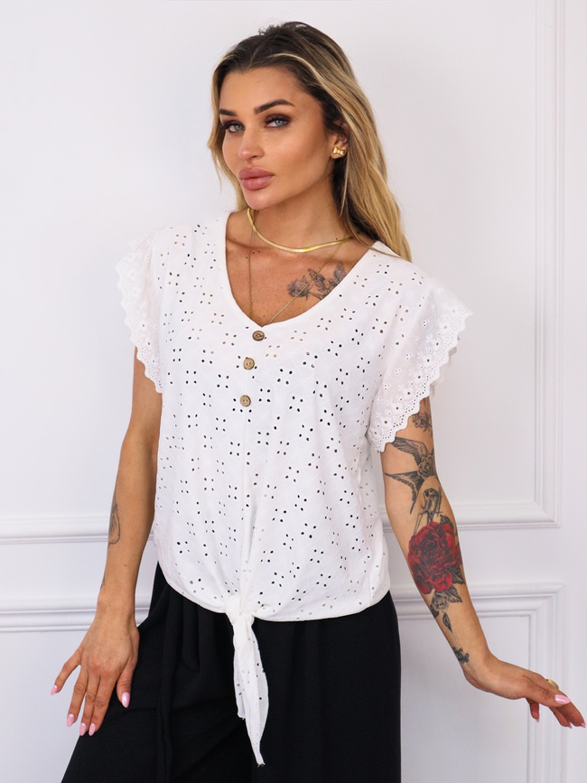 BLUZKA AŻUROWA Z WIĄZANIEM I GUZIKAMI- BIAŁA