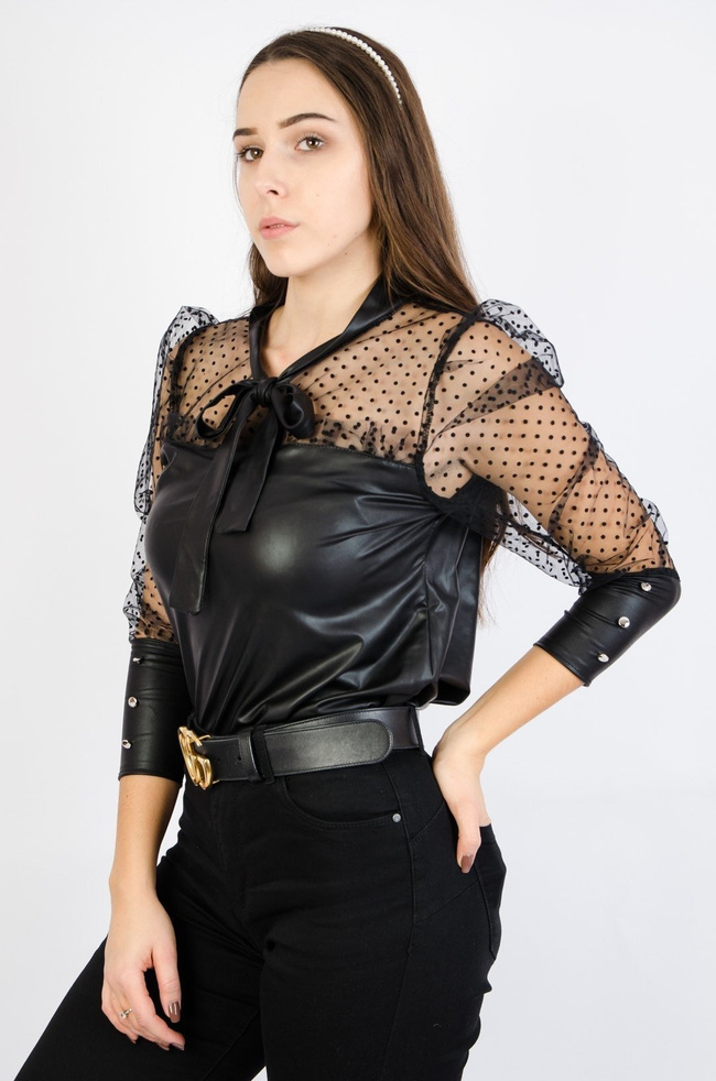 CZARNA BLUZKA Z IMITACJI SKÓRY Z SIATKĄ