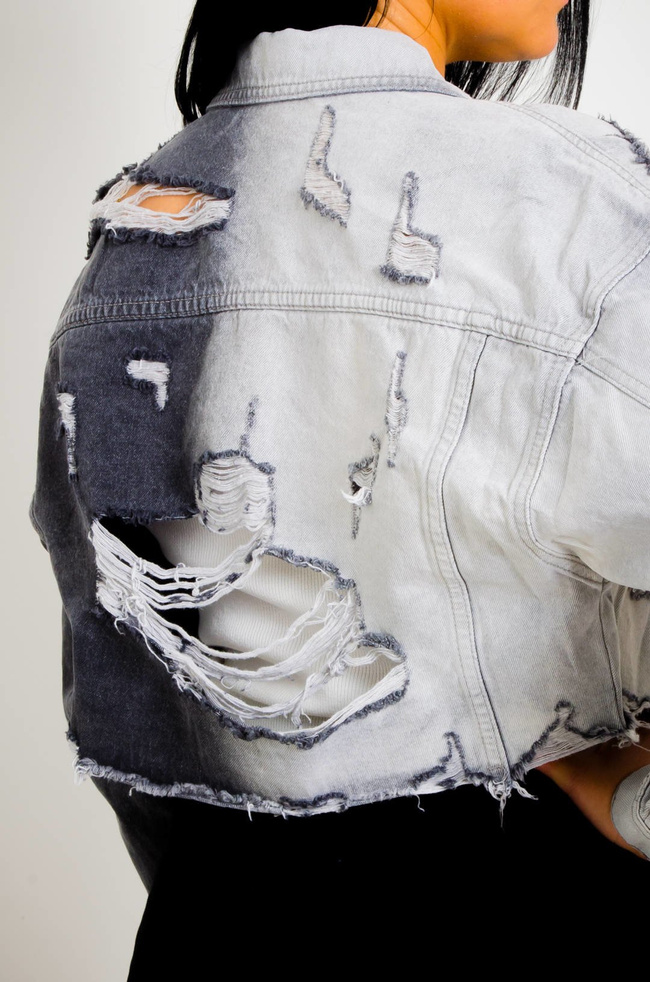 KURTKA JEANSOWA DWUKOLOROWA SZARA Z DZIURAMI