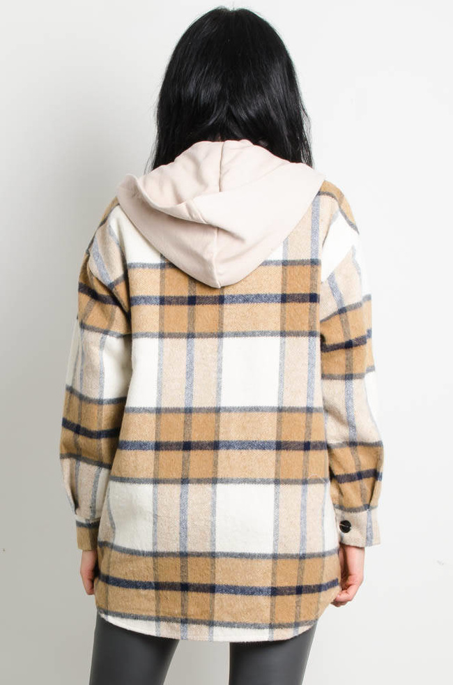 BEŻOWA KURTKA KOSZULA W KRATĘ Z KAPTUREM