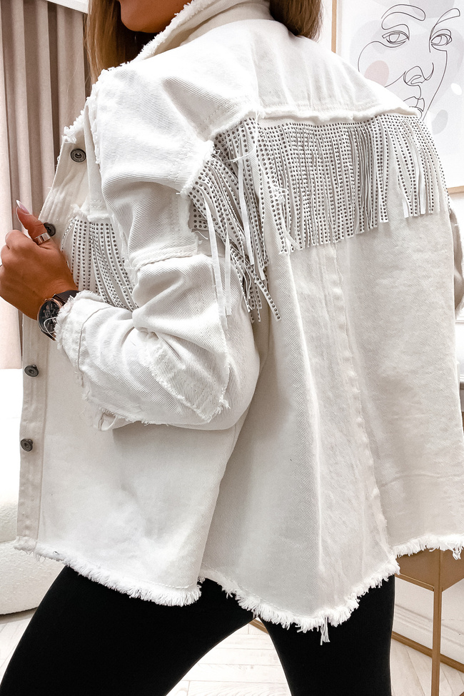 BIAŁA KURTKA JEANSOWA Z FRĘDZLAMI