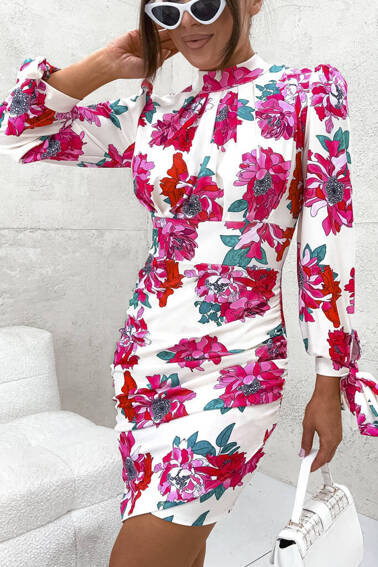 WZORZYSTA SUKIENKA W KWIATOWY WZÓR- ECRU