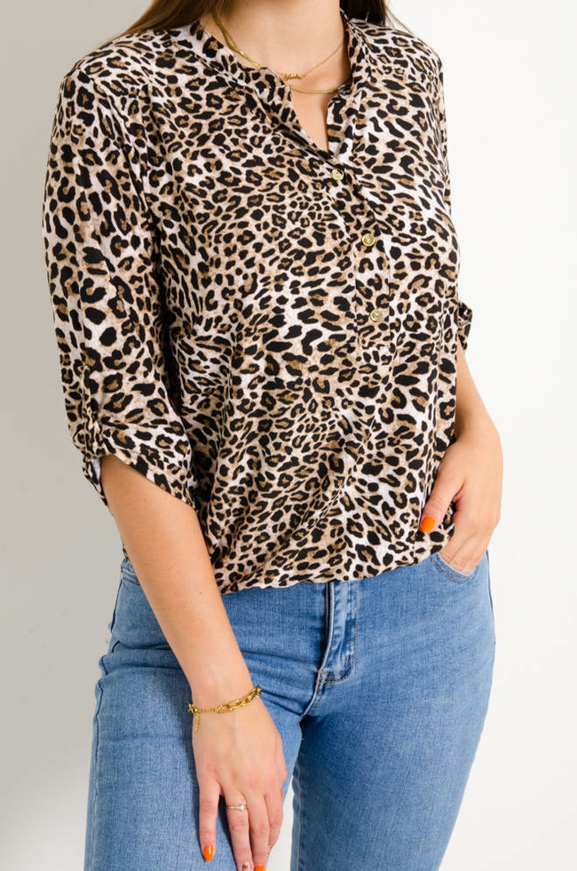 BLUZKA W PANTERKĘ Z OZDOBNYMI GUZIKAM- BRĄZOWA