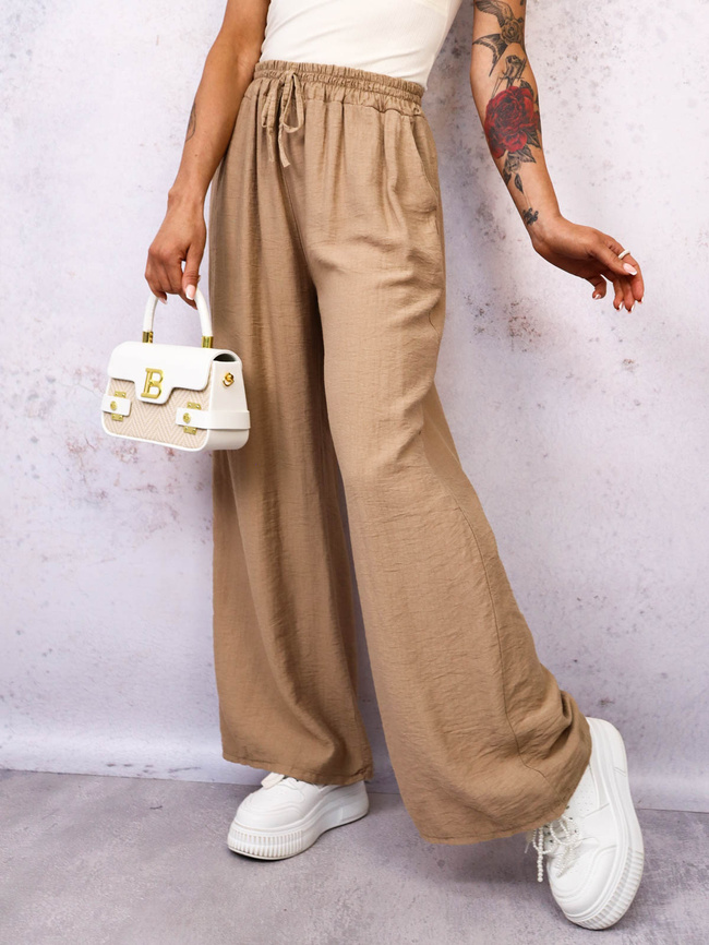 SPODNIE MATERIAŁOWE Z SZEROKIMI NOGAWKAMI- JASNOBRĄZOWE