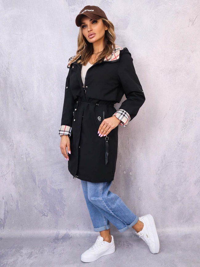 KURTKA PARKA Z KAPTUREM W KRATĘ- CZARNA