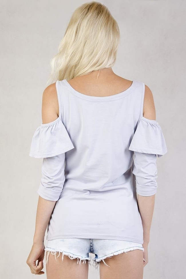 Bluzka z wycięciem i falbanką  na ramionach szara