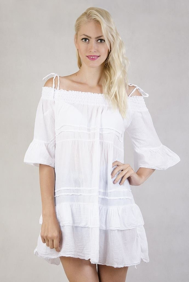 Biała tunika z falbanami i hiszpańskim dekoltem