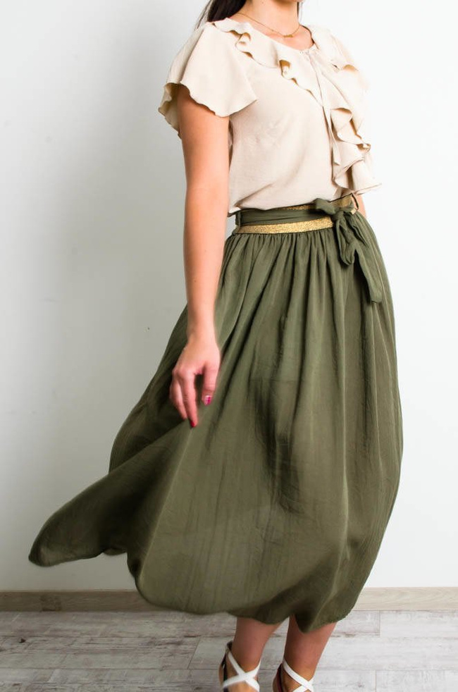 ZIELONA SPÓDNICA MAXI Z WIĄZANIEM-ZŁOTA GUMA W PASIE