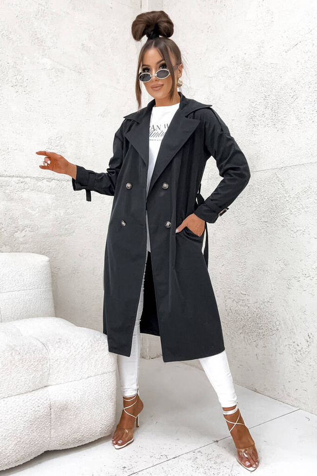 DŁUGI PŁASZCZ TRENCZ WIĄZANY W PASIE- CZARNY