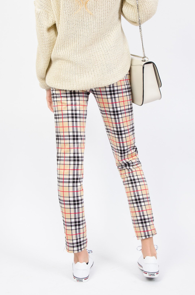 BEŻOWE SPODNIE W KRATĘ- WIĄZANE W PASIE 