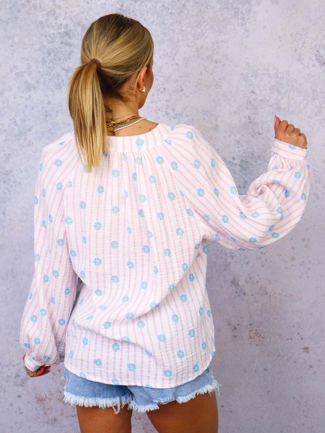 BLUZKA KOSZULOWA W PASKI I KWIATKI- RÓŻOWA