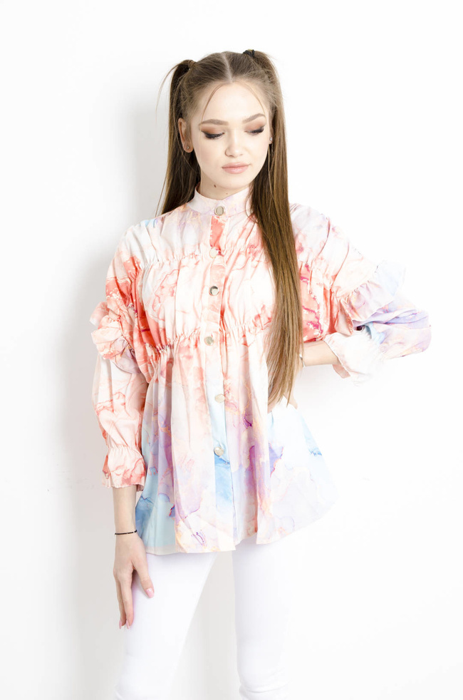 KOSZULA MARMURKOWA Z FALBANAMI NA RĘKAWACH - POMARAŃCZOWA