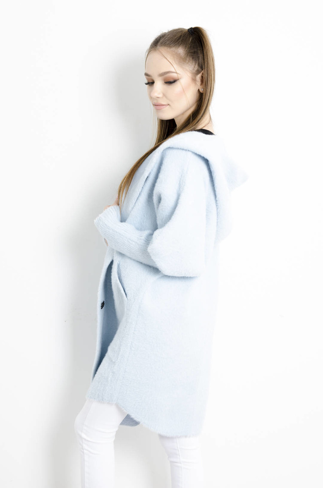 PŁASZCZ DŁUGI WEŁNIANY ALPAKA Z KAPTUREM- BŁĘKITNY