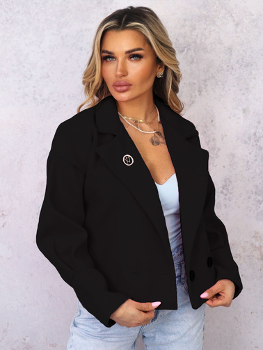 KRÓTKI PŁASZCZ Z KOŁNIERZEM I OZDOBNĄ BROSZKĄ- CZARNY