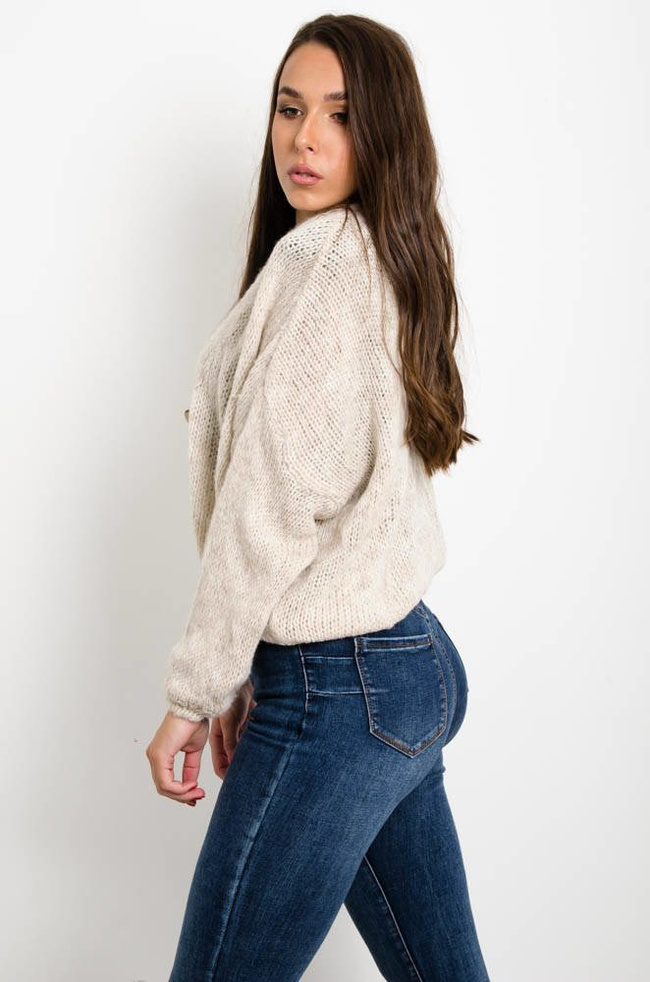 BEŻOWY KRÓTKI KARDIGAN SWETER ZAPINANY NA GUZIKI