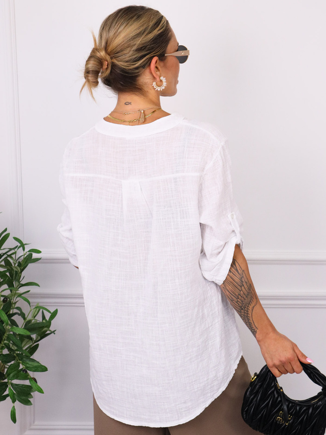 BLUZKA KOSZULOWA ASYMETRYCZNA Z LNEM- BIAŁA