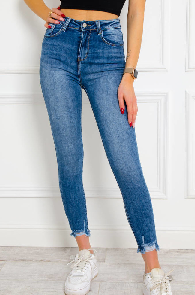SPODNIE JEANSOWE SKINNY Z PRZETARCIAMI NA DOLE NOGAWKI- WYSOKI STAN