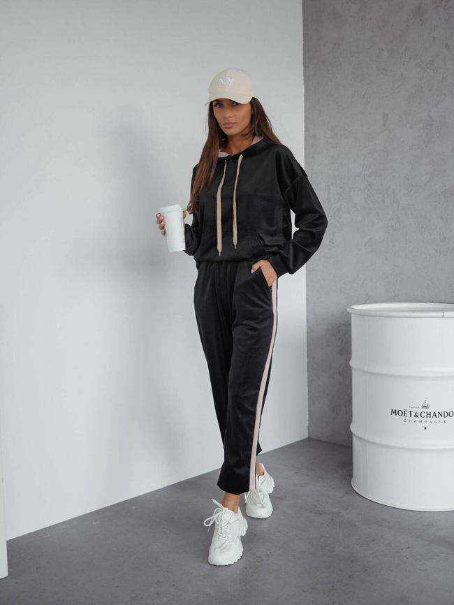 KOMPLET WELUROWY BLUZA+ SPODNIE Z KONTRASTOWYMI LAMPASAMI- CZARNY 