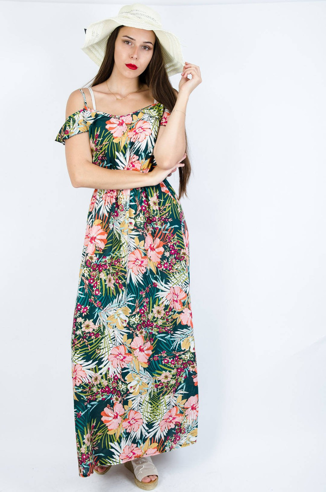 ZIELONA SUKIENKA MAXI Z MOTYWEM KWIATOWYM